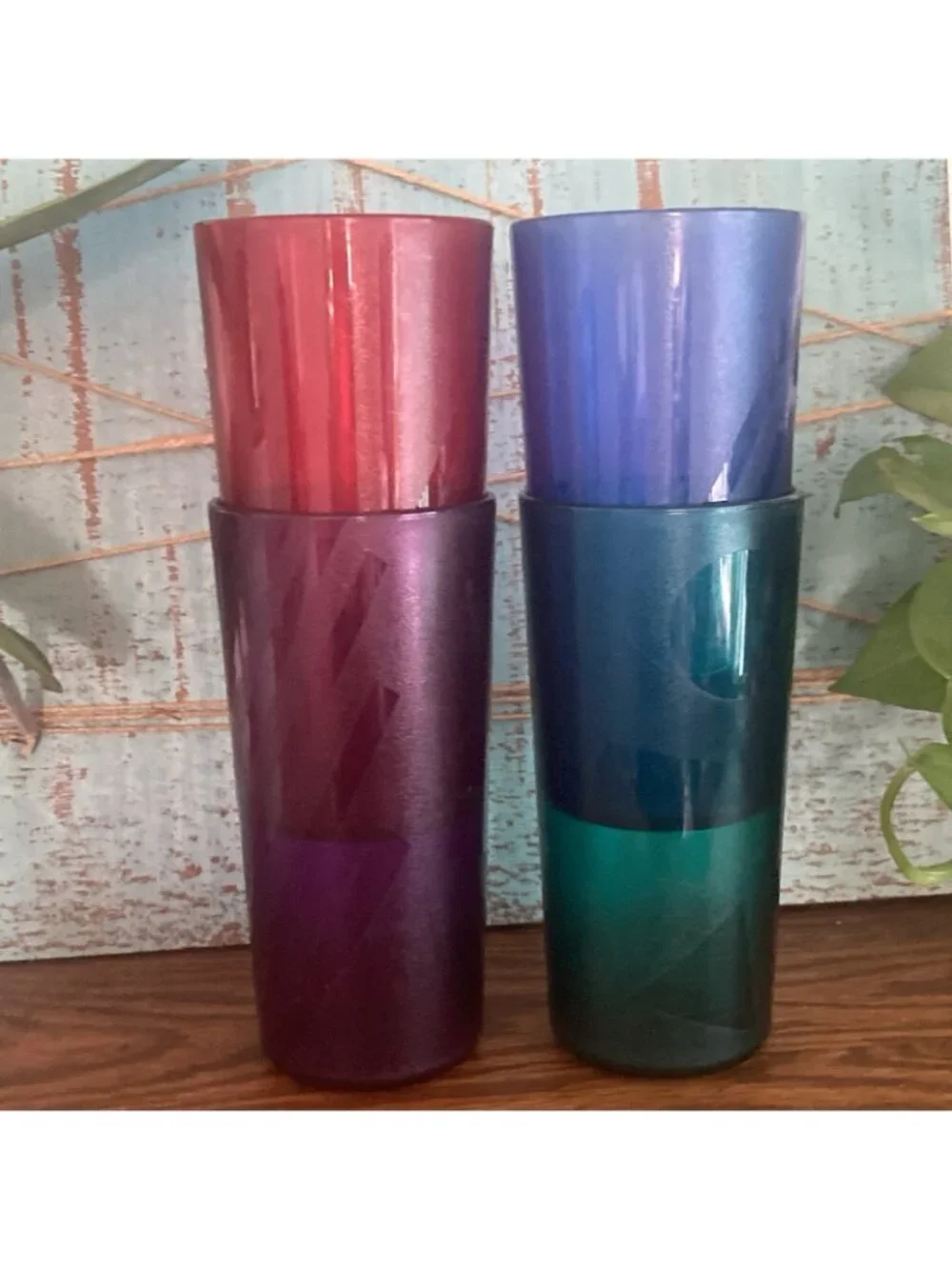 Tupperware Acrylic 4 Tumbler Cups Jewel Tone Jazzy Geometric 14oz.